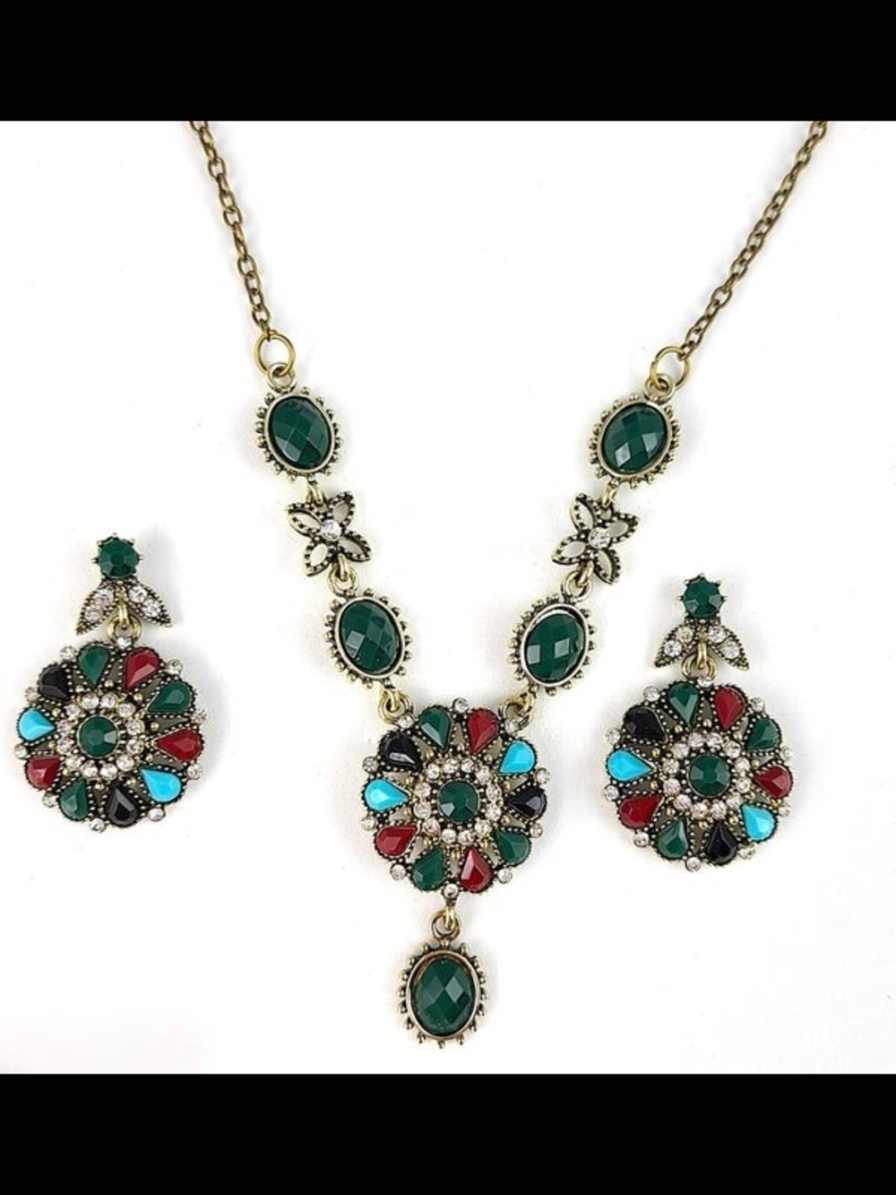 NWOT Gold-Tone Multicolor Floral Pendant Necklace and Earring Set
